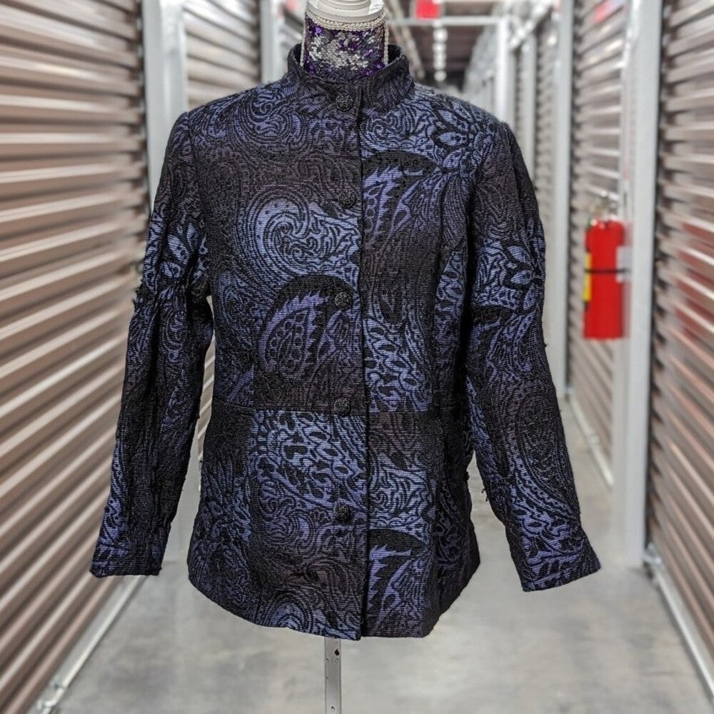 Chico's Jacquard Blue Black Art Deco Boho Chic Paisley Jacket Size 2 Large